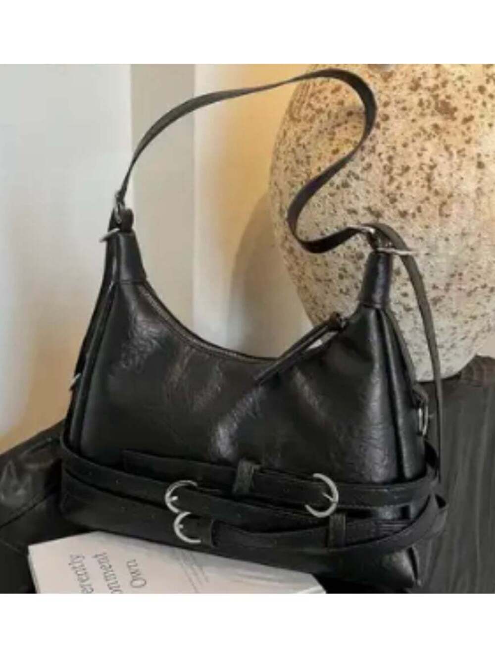 New - Trendy - Vintage Style Faux Leather Crescent Style Shoulder Bag - Black